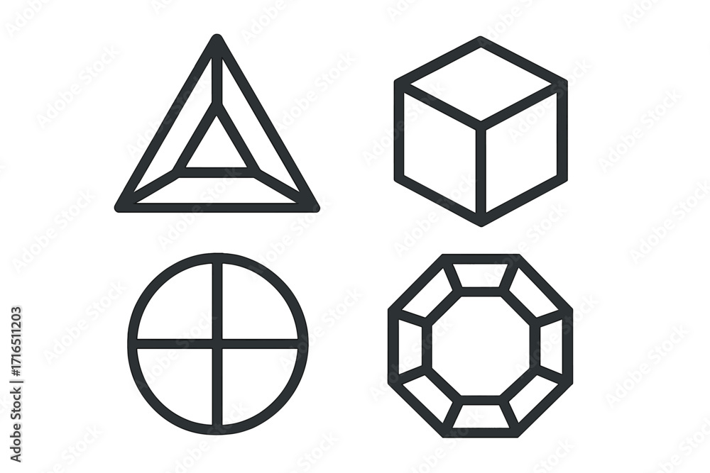 Poster geometric shapes icon set. abstract linear style symbols. vector collection with cube, pyramid, circ