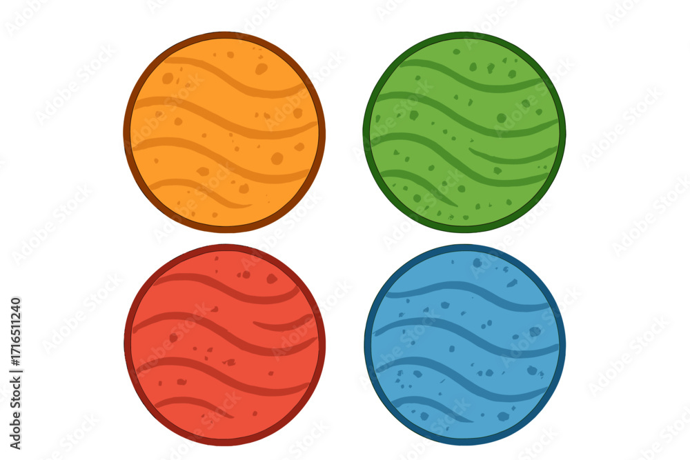 Poster set of four colorful textured circles. vector cartoon illustration of round geometric shapes. abstra