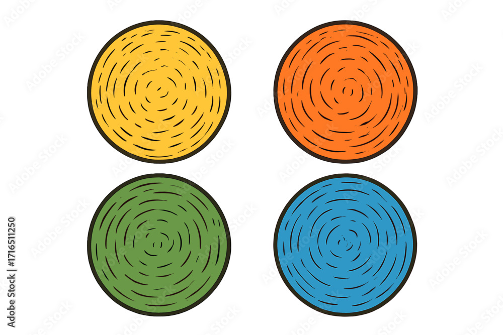 Poster set of four colorful textured circle icons. hand-drawn abstract geometric shapes with round spiral p