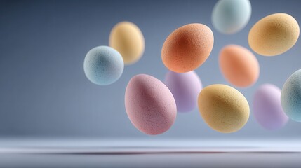 Scattered floating pastel Easter eggs on plain background