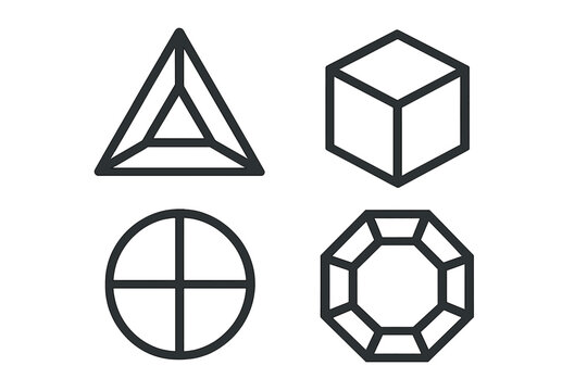 Geometric shapes icon set. Abstract linear style symbols. Vector collection with cube, pyramid, circle target, and octagonal gem. Minimalist design elements for modern logo.