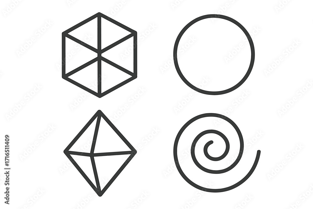 Poster geometric shapes line icon set. abstract minimal vector symbols. collection includes cube, circle, s