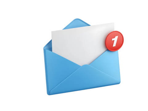 A blue envelope with a notification isolated on transparent background