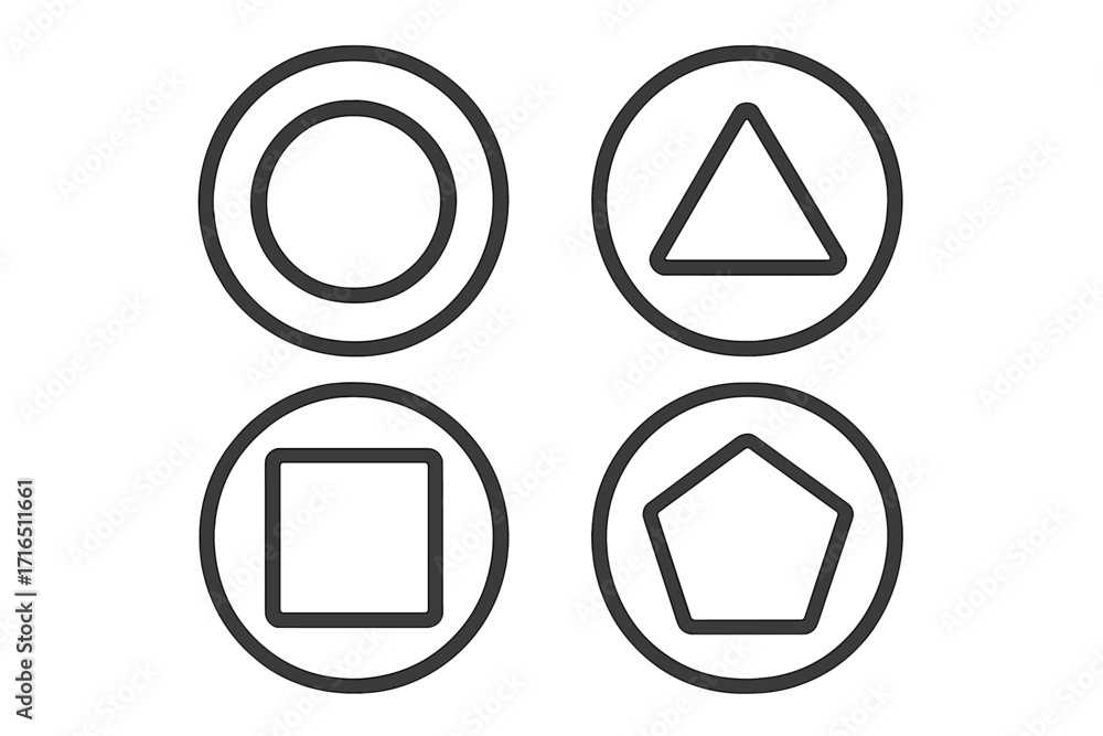 Poster vector icon set of basic geometric shapes. circle, triangle, square, pentagon symbols in round frame