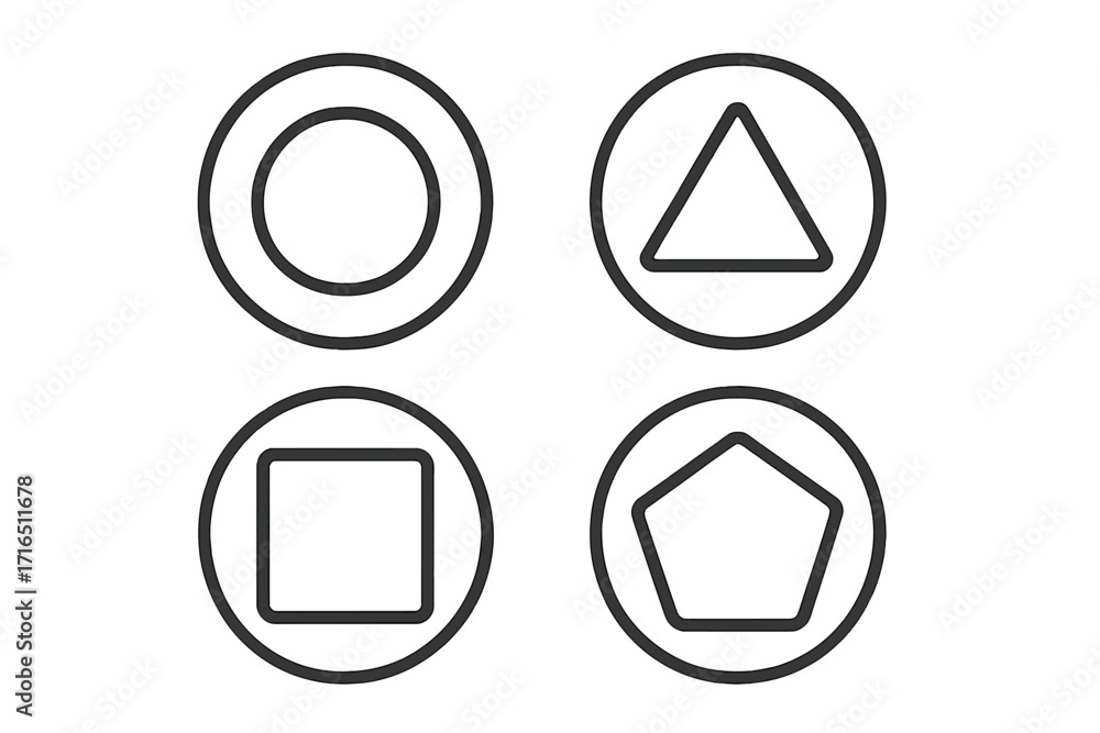 Poster geometric shape icon set vector. linear style symbols. simple abstract circle, triangle, square, pen
