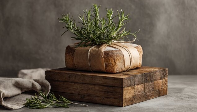 Wrapped loaf of bread atop a wooden box, decorated with rosemary sprigs
