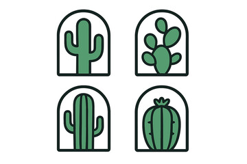 Cactus vector icon set. Minimalist cartoon succulents in arched frames. Simple flat design desert plant collection. Modern botanical graphic elements for logo, web, sticker. Saguaro.