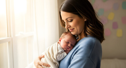 Tender moment of a mother holding her newborn baby close by a sunlit window