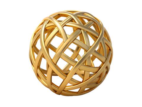 Golden sphere made of intertwined bands isolated on transparent background