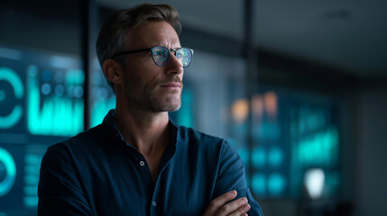 An IT company manager under vibrant teal light leverages AI for performance forecasting hyper realistic strategic visuals glowing moody shadows in a modern office bold colors