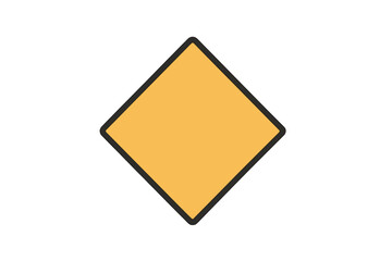 Rhombus geometric shape icon vector illustration, simple yellow diamond sign with black outline, minimal flat style, math symbol, blank warning road sign template, transparent background design