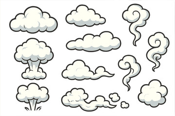 Vector set of cartoon clouds, smoke, steam, and explosion effects. Comic style bomb blast, mushroom cloud, dust puff, and vape smoke shapes. Retro graphic elements.