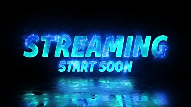 neon streaming start soon text in blue with reflection and electric smoke on black background