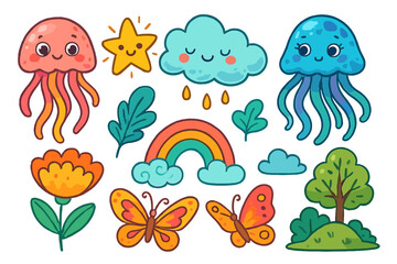 Cute kawaii nature elements set. Vector cartoon illustration pack with jellyfish, rainbow, cloud, star, flower, butterfly, tree. Whimsical characters for kids design.