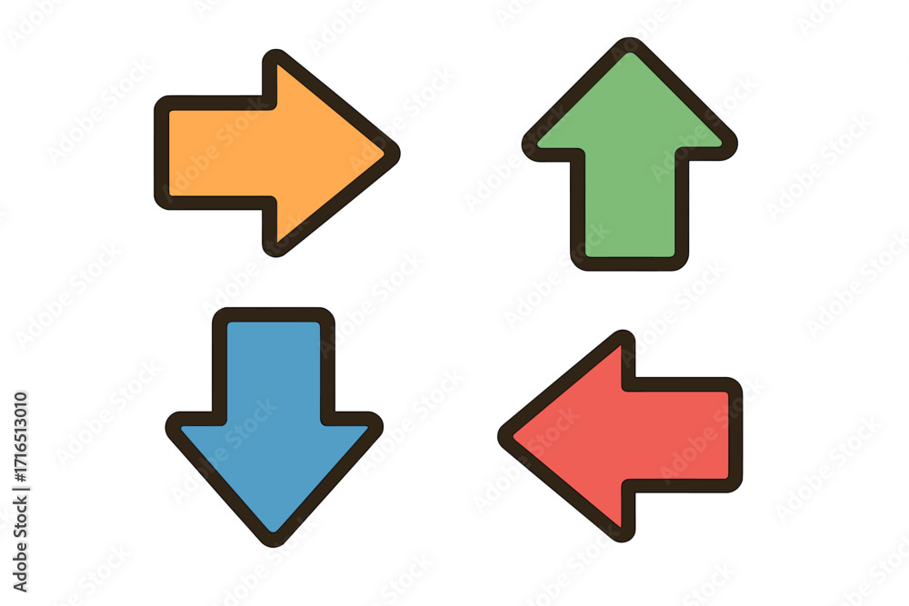 Poster four direction arrow icons set vector. colorful geometric shapes. right left up down arrows cartoon.