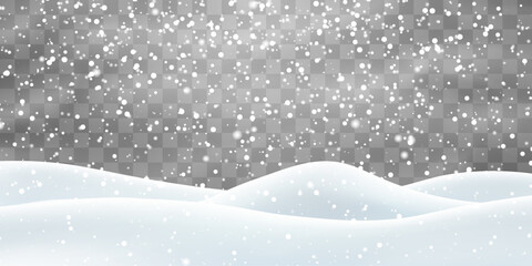 Vector heavy snowfall with snowbanks field. Snow landscape decoration, frozen hills isolated on png background. Snow flakes, snow and blizzard falling on snowdrifts. Christmas vector illustration