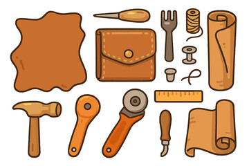 Leatherworking tools set for handmade crafts. Vector cartoon collection of leather craft equipment for shoemaking and DIY projects. Hammer, awl, knife, thread and hide.