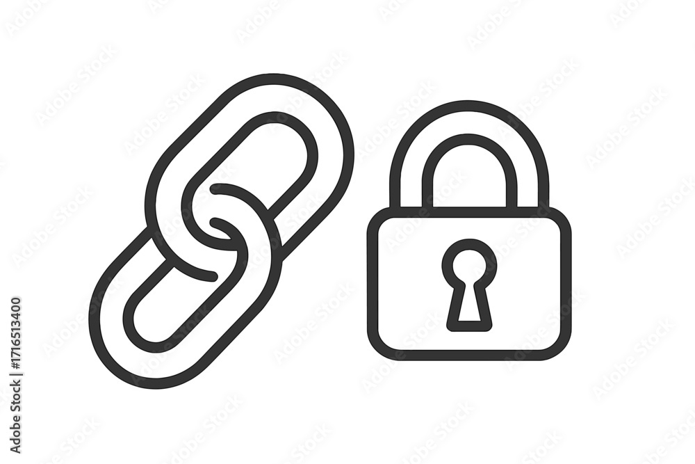 Poster security and connection icon set. padlock and chain link symbols for safety, privacy, and protection