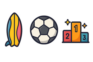 Sports icon set. Surfboard surfing. Soccer football ball. Winner podium. First place champion. Competition award. Athletic achievement. Vector cartoon illustration symbol.