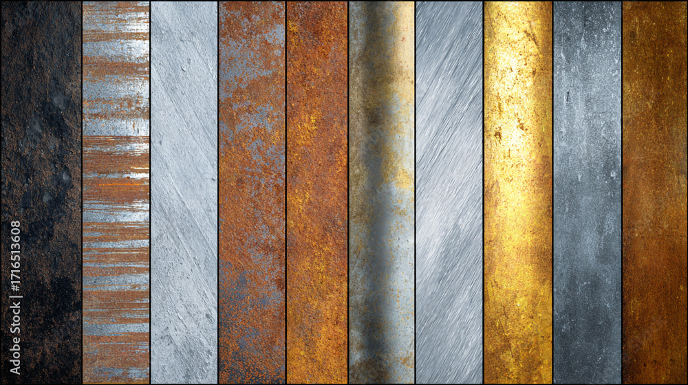 Poster Metal textures collection various steel and rust patterns background