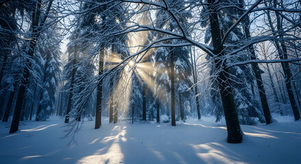 Sunlight streams through snow-covered trees in a serene winter forest.
