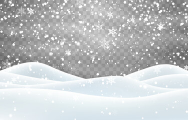 Vector heavy snowfall with snowbanks field. Snow landscape decoration, frozen hills isolated on png background. Snow flakes, snow and blizzard falling on snowdrifts. Christmas vector illustration