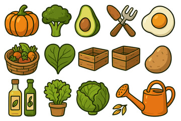 Healthy food and gardening icon collection. Vector cartoon illustrations of fresh organic vegetables, farm elements, and plant-based ingredients for a healthy lifestyle design.