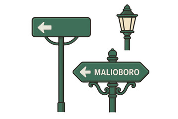 Vector set of Malioboro street signs from Yogyakarta, Indonesia. Cartoon illustration of a famous landmark. Travel and tourism concept design elements. Vintage retro signpost.