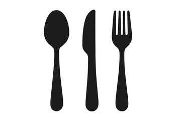 Black Silhouette Tableware Cutlery Set Icon, Spoon Knife Fork Vector Illustration, Restaurant Kitchen Utensil Clipart, Dining Tool Silhouette, Transparent Background, Food Service Concept Image