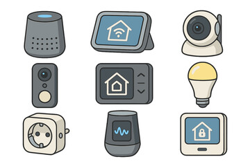 Smart home devices vector icon set. Cartoon illustration of IoT gadgets: speaker, security camera, bulb, plug, thermostat. Home automation technology for modern living.
