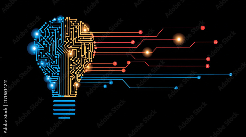 Poster lightbulb shaped circuit board with glowing nodes and connecting wires representing digital innovati