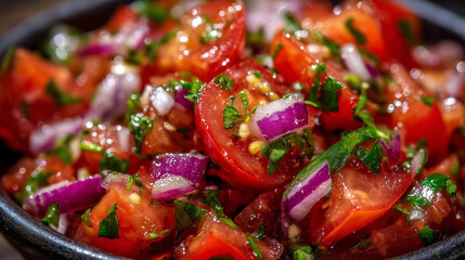 Macro detail of vibrant tomato salsa with finely chopped red onions and herbs, close-up emphasizing juiciness, texture, and freshness