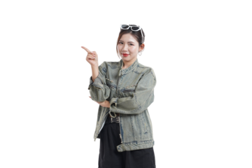 Pointing and Posing: A confident woman in casual attire, pointing with purpose against a backdrop, creating a captivating portrayal of direction and style. 