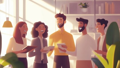 A group of smiling colleagues stand together in a brightly lit office, holding tablets and papers, collaborating on a project.