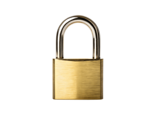 A shiny new brass padlock isolated on transparent background