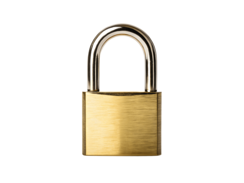 A shiny new brass padlock isolated on transparent background