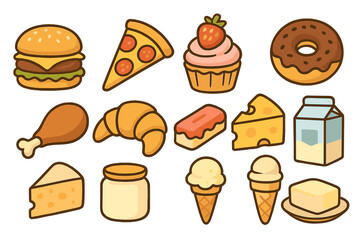 Big set of cute food icons. Cartoon vector collection. Burger, pizza, cupcake, donut, chicken, croissant, cheese, milk, ice cream. Junk food, fast food, dessert and dairy products.