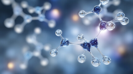 Molecular structure in high detail, spherical atoms with metallic sheen, transparent connecting lines, soft-focus laboratory background