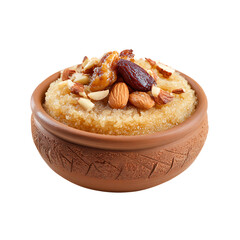 Indulge in a decadent bowl of sweet semolina halwa topped with almonds dates and pistachios a rich dessert delight