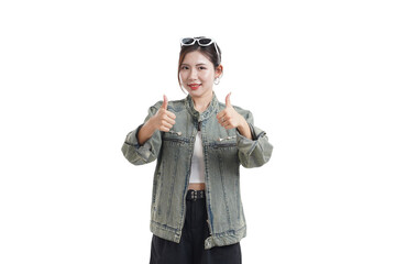 Thumbs Up of Approval: A woman gestures a double thumbs-up, radiating confidence and positivity, conveying a message of approval, agreement, and a sense of everything is good in a stylish.