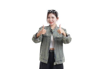 Thumbs Up of Approval: A woman gestures a double thumbs-up, radiating confidence and positivity, conveying a message of approval, agreement, and a sense of everything is good in a stylish.