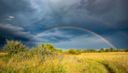 Naklejka premium Rainbow over the prairie field