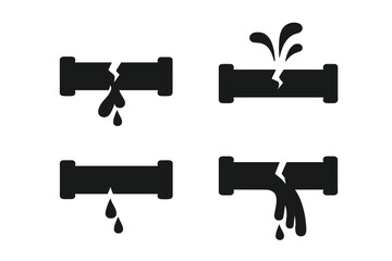 Broken pipe icon set. Water leak and burst pipe symbol collection. Plumbing problem, damage, and emergency repair vector silhouette. Leaking, dripping, and spraying graphic.