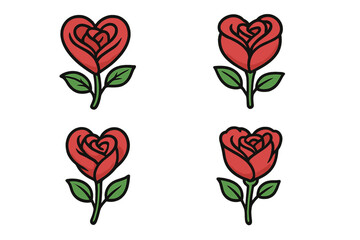 Heart rose flower vector icon set. Love symbol collection. Romantic red floral logo illustration for Valentine's Day. Cute cartoon sticker design elements for a wedding or gift card.