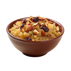 Delicious semolina halva dessert topped with almonds, raisins, and rose petals, perfect for festive occasions and sweet indulgence