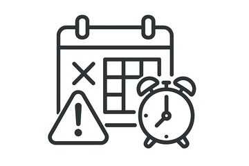 Deadline warning icon. Missed appointment, time management problem. Schedule error, expiration date concept. Calendar with alarm clock, attention sign. Important reminder symbol.