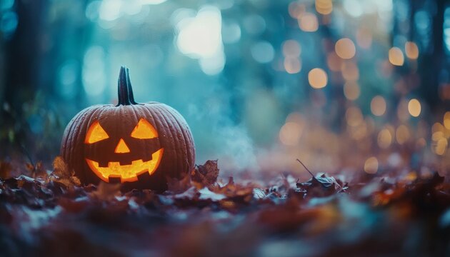 A carved pumpkin with a lit candle sits on a pile of fallen leaves in a dark forest with a bokeh effect in the background. - Powered by Adobe
