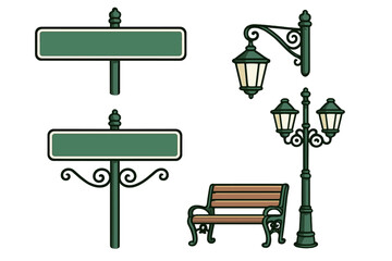 Yogyakarta city landmark street furniture vector collection. Icon set of classic Malioboro park bench, vintage green lanterns, ornate lamp posts, and blank road signs. Cartoon illustration.