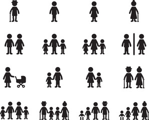 generational, vector, illustration, icons, design, family, silhouettes, people, parents, children, baby, stroller, elderly, couple, generation, group, figures, human, representation, diversity, relati