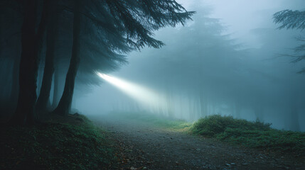 Fototapeta premium single ultrabright flashlight pierces through thick mist illuminating dark woods surrounding it